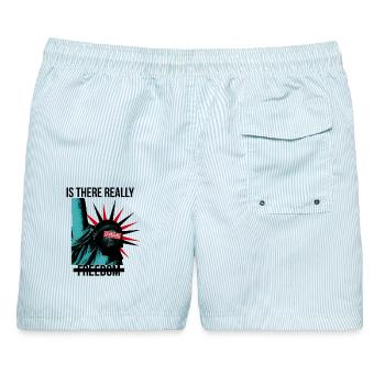 Rebellische Statue mit Censorship-Elementen - Männer Badeshorts - hellblau gestreift - Hinten - AI Model Male 178 light (178cm)