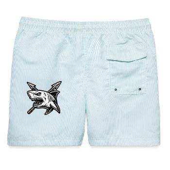''König des Meeres (KOTS)'' Hai mit zwei Harpunen - Männer Badeshorts - hellblau gestreift - Hinten - AI Model Male 178 light (178cm)