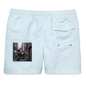 Cooler siamesischer Katzenreiter auf Motorrad-Kunst - Männer Badeshorts - hellblau gestreift - Hinten - AI Model Male 178 light (178cm)