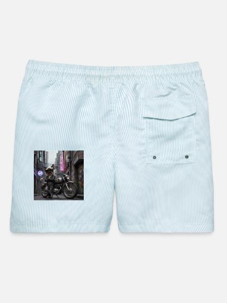 Cooler siamesischer Katzenreiter auf Motorrad-Kunst - Männer Badeshorts - hellblau gestreift