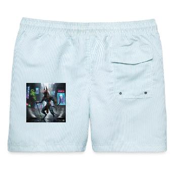 Anubis-Mechaniker im städtischen Neon - Männer Badeshorts - hellblau gestreift - Hinten - AI Model Male 178 light (178cm)
