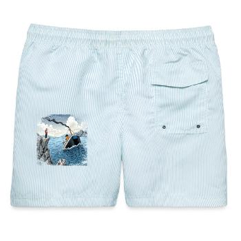 Satire Schweizer Neutralitat - Männer Badeshorts - hellblau gestreift - Hinten - AI Model Male 178 light (178cm)