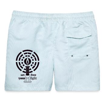 Dark Magenta Glow – Minimalistische Art-Déco-Kerze - Männer Badeshorts - hellblau gestreift - Hinten - AI Model Male 178 light (178cm)
