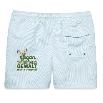 Vegan weil mir Gewalt nicht schmeckt – Häkel-Desig - Männer Badeshorts - hellblau gestreift - Hinten - AI Model Male 178 light (178cm)