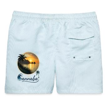 Tropischer Sonnenuntergangsstrand - Männer Badeshorts - hellblau gestreift - Hinten - AI Model Male 178 light (178cm)