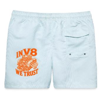 IN V8 WE TRUST – Big Block - Männer Badeshorts - hellblau gestreift - Hinten - AI Model Male 178 light (178cm)