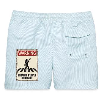 WARNING - Strange People Crossing - HEAVY METAL - Männer Badeshorts - hellblau gestreift - Hinten - AI Model Male 178 light (178cm)