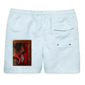 Rotes Pferd auf geometrischem Teppich - Männer Badeshorts - hellblau gestreift - Hinten - AI Model Male 178 light (178cm)