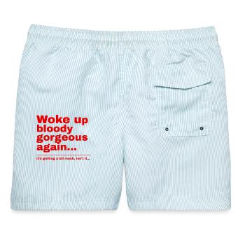 Aufgewacht blutig wunderschön, lustiger britischer Humor - Männer Badeshorts - hellblau gestreift - Hinten - AI Model Male 178 light (178cm)