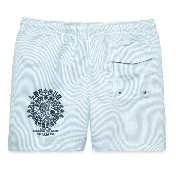 Noryangjin Fischmarkt Seoul | Vintage Korea Grafik - Männer Badeshorts - hellblau gestreift - Hinten - AI Model Male 178 light (178cm)