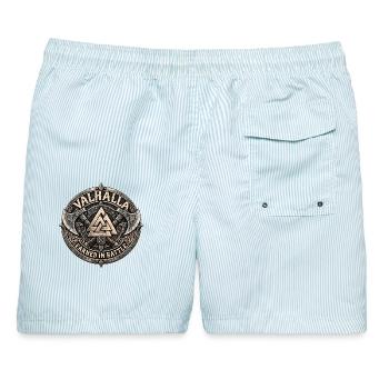 Valhalla Valknut Wikinger Emblem – Noventra - Männer Badeshorts - hellblau gestreift - Hinten - AI Model Male 178 light (178cm)