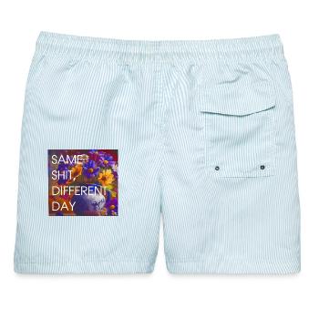 Bunte Blüten vs Alltag - Männer Badeshorts - hellblau gestreift - Hinten - AI Model Male 178 light (178cm)