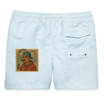 POSTSTEMPELJAHR 1990 - Männer Badeshorts - hellblau gestreift - Hinten - AI Model Male 178 light (178cm)