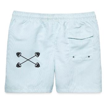 Gekreuzte Langhanteln - Männer Badeshorts - hellblau gestreift - Hinten - AI Model Male 178 light (178cm)