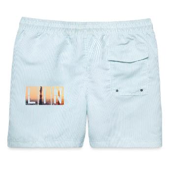 Flughafen Milan Linate LIN - Männer Badeshorts - hellblau gestreift - Hinten - AI Model Male 178 light (178cm)