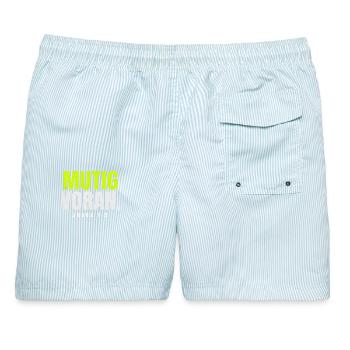Mutig voran – Josua 1,9 - Männer Badeshorts - hellblau gestreift - Hinten - AI Model Male 178 light (178cm)