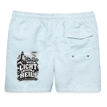 Der Herr ist mein Licht und mein Heil – Psalm 27,1 - Männer Badeshorts - hellblau gestreift - Hinten - AI Model Male 178 light (178cm)