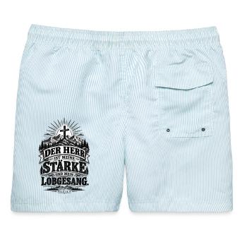 Der Herr ist meine Stärke – Psalm 118,14 - Männer Badeshorts - hellblau gestreift - Hinten - AI Model Male 178 light (178cm)