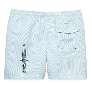 Minimalistisches schwarz-weiß Dolch-Line Art - Männer Badeshorts - hellblau gestreift - Hinten - AI Model Male 178 light (178cm)