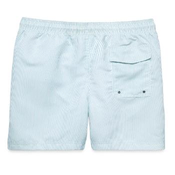 Dunkle Minimaltext-Typografie - Männer Badeshorts - hellblau gestreift - Hinten - AI Model Male 178 light (178cm)
