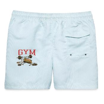 T-Rex Bankdrücken Gym Dinosaurier Humor - Männer Badeshorts - hellblau gestreift - Hinten - AI Model Male 178 light (178cm)