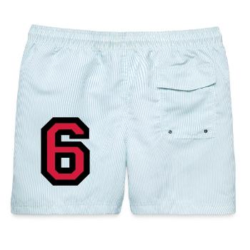Zahl 6 - Nummer 6 (Rot) Nr. 6 - Männer Badeshorts - hellblau gestreift - Hinten - AI Model Male 178 light (178cm)