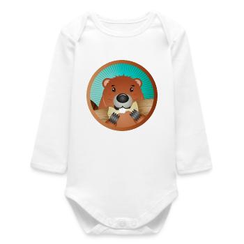 cute rodent patch - beaver nibbles on wood - Baby Organic Long-Sleeved Bodysuit - white - Front