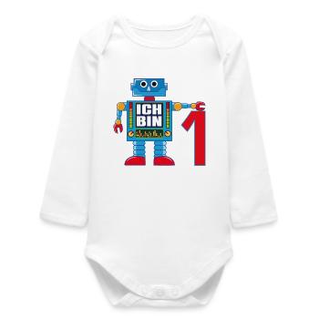 Kleiner lustiger Roboter - ich bin 1 Jahr alt - Baby Organic Langarmbody - Weiß - Vorne