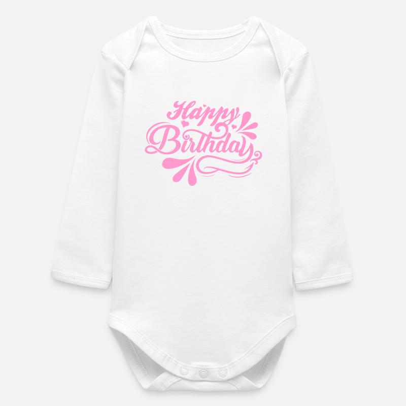 Birthday Bliss in Pink Script - Baby Organic Long-Sleeved Bodysuit - white