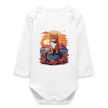 Chat sur coffre au trésor au coucher du soleil - Body bébé manches longues biologique - blanc - Devant
