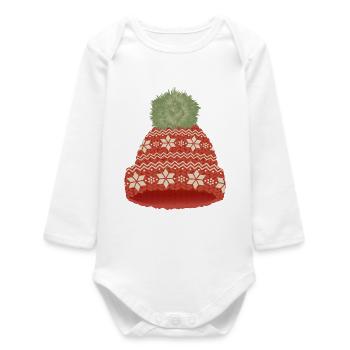 Bonnet rouge vert en maille avec grand pompon - Body bébé manches longues biologique - blanc - Devant