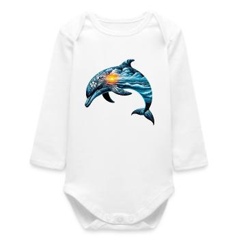 Decorated dolphin painted with a seascape - Baby Organic Long-Sleeved Bodysuit - white - Front