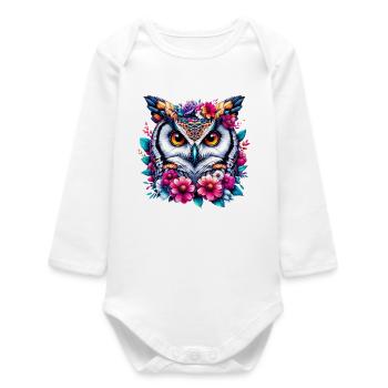 Eule mit Blumen geschmückt - Baby Organic Langarmbody - Weiß - Vorne