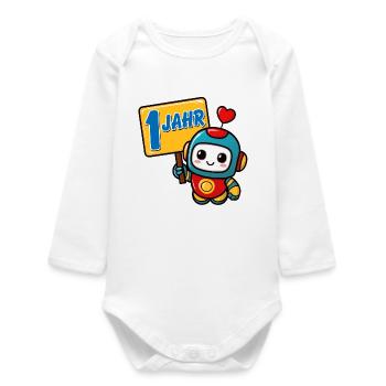 Ein Jahr kleiner Roboter Kindergeburtstag - Baby Organic Langarmbody - Weiß - Vorne