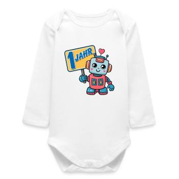 Ein Jahr kleiner Roboter Kindergeburtstag - Baby Organic Langarmbody - Weiß - Vorne