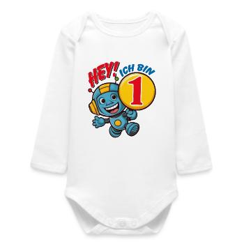 Ein Jahr kleiner süßer Roboter Kindergeburtstag - Baby Organic Langarmbody - Weiß - Vorne