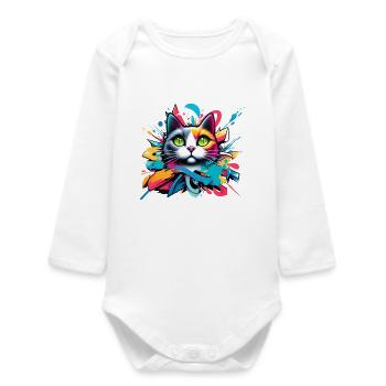 chat coloré conçu dans le style des graffitis comiques - Body bébé manches longues biologique - blanc - Devant
