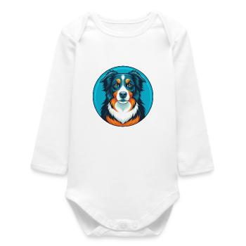 Australian Shepherd Dog Kawaii Cartoon Pet Logo - Baby Organic Long-Sleeved Bodysuit - white - Front