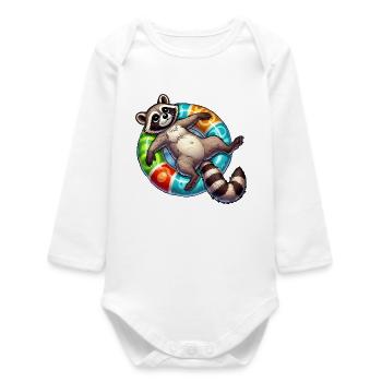 A relaxed raccoon on a swimming ring - Baby Organic Long-Sleeved Bodysuit - white - Front
