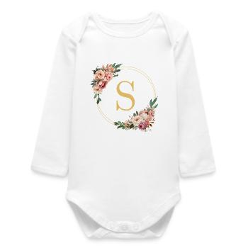 S Monogramm, Blumen-Kranz, personalisierbar - Baby Organic Langarmbody - Weiß - Vorne