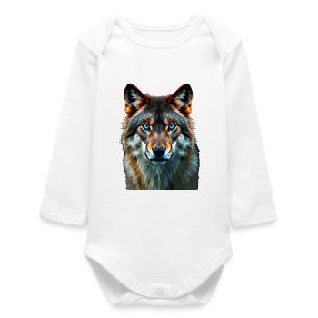 The Sapphire Gaze: Intensives Porträt eines Wolfes - Baby Organic Langarmbody - Weiß - Vorne