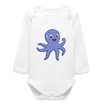Blue Playful Octopus Cartoon Undersea Icon - Baby Organic Long-Sleeved Bodysuit - white - Front
