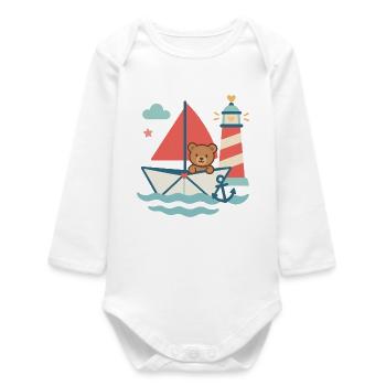 Ahoi Teddy – Maritimes Kinderdesign - Baby Organic Langarmbody - Weiß - Vorne
