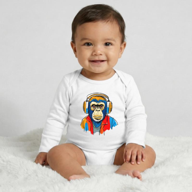 Affe mit Kopfhörern Baby Organic Langarmbody