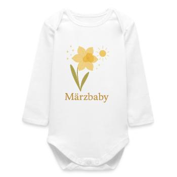 ☀️ Märzbaby – Narzisse & Sonnenstrahlen Design - Baby Organic Langarmbody - Weiß - Vorne