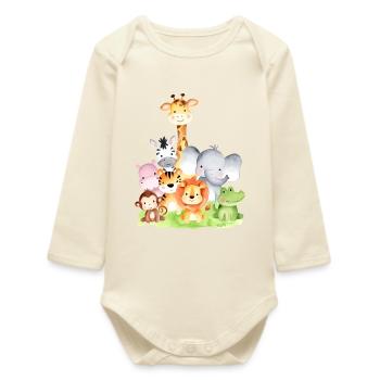 Cute African Animals – 🦁 🐵 🐊 in Watercolor - Baby Organic Long-Sleeved Bodysuit - soft Ecru - Front