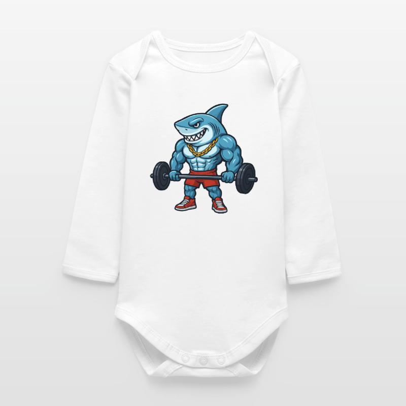 Shark Muscles Comic Bodybuilder Baby Organic Long-Sleeved Bodysuit