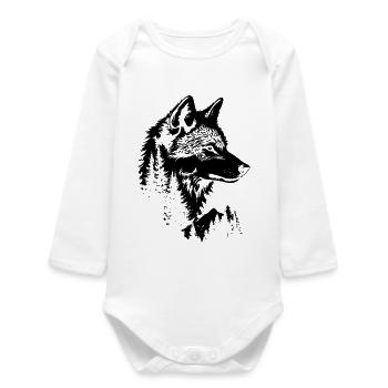Wolf Face Forest Silhouette - Baby Organic Long-Sleeved Bodysuit - white - Front