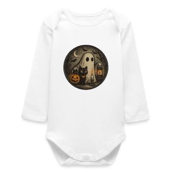 Spooky Halloween night scene with cat - Baby Organic Long-Sleeved Bodysuit - white - Front