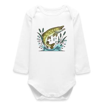 Pike fishing predatory fish - Baby Organic Long-Sleeved Bodysuit - white - Front